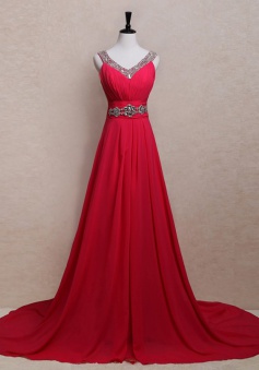 Popular A-line Rhinestones V-neck Long Chiffon Prom / Evening Dress