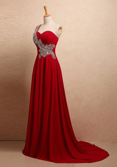 High Quality One Shoulder Sweep Train Red Ruched Prom Dress with Beading Sash