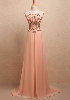 A-Line Halter Spaghetti Straps Sweep Train Peach Chiffon Prom Dress with Beading