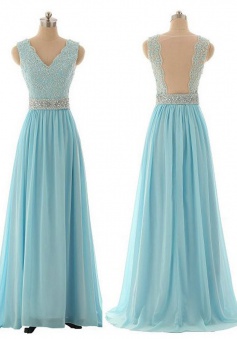 A-Line V-Neck Long Light Sky Blue Chiffon Prom Dress with Appliques