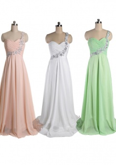 Simple A-line Beading One-shoulder Long Chiffon Prom Evening Dress