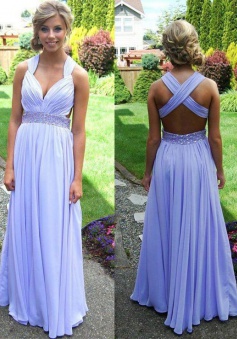 A-Line V-Neck Sleeveless Lavender Chiffon Prom Dress with Beading