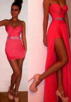 A-Line Sweetheart Sleeveless Detachable Long watermelon Chiffon Prom Dress