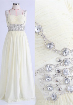 A-Line Square Neck Sleeveless Floor-Length White Prom Dress with Beading