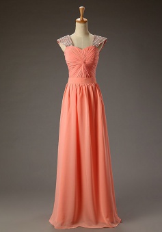 Elegant Scoop Sleeveless Floor-Length Coral Ruched Prom Dress with Sequins