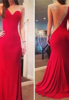 Mermaid Crew Neck Sweep Train Illusion Red Chiffon Prom Dress with Beading