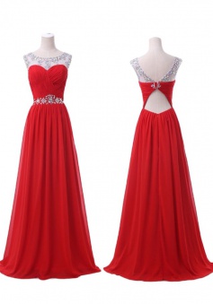 A-Line Crew Neck Floor-Length Red Chiffon Prom Evening Dress with Beading