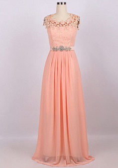 Elegant Scoop Handmade Flowers Long Chiffon Beading Prom Dress