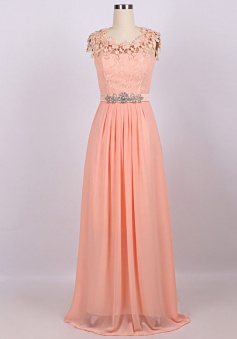 Elegant Scoop Handmade Flowers Long Chiffon Beading Prom Dress