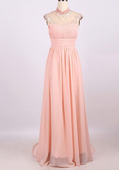 Hot-selling A-line High-neck Long Chiffon Prom Dress with Appliques