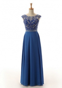 A-Line Bateau Floor-Length Open Back Royal Blue Prom Dress with Beading