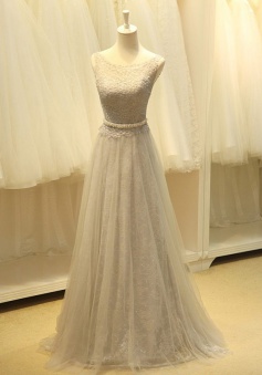 Elegant Bateau Sleeveless Floor-Length Prom Dress with Beading Waist Lace