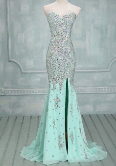 Mermaid Sweetheart Sweep Train Mint Chiffon Prom Dress with Beading