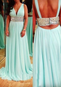 A-Line V-Neck Sweep Train Backless Mint Chiffon Prom Dress with Beading Waist 