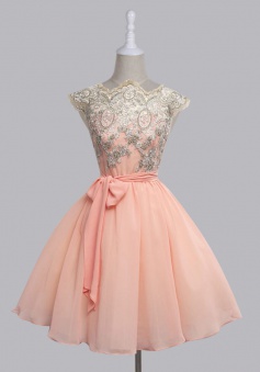 A-Line Scalloped-Edge Cap Sleeves Short Pink Chiffon Prom Dress with Sash