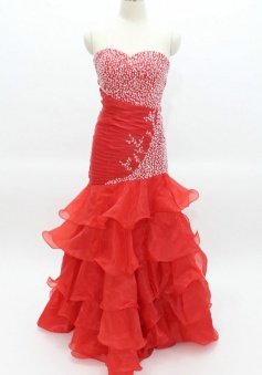 Dramatic Mermaid Floor-length Red Organza Prom Dress