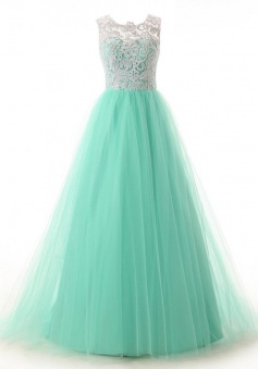 A-Line Scoop Sleeveless Floor-Length Mint Tulle Prom Dress With Lace