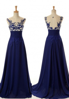 A-Line Crew Neck Sleeveless Sweep Train Royal Blue Prom Dress with Appliques Beading