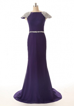 Mermaid Bateau Cap Sleeves Sweep Train Purple Prom Dress with Beading ...