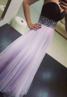 A-Line Sweetheart Floor-Length Backless Lavender Tulle Prom Dress with Beading