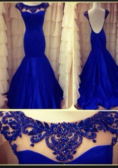 Mermaid Bateau Cap Sleeves Sweep Train Backless Royal Blue Prom Dress with Beading