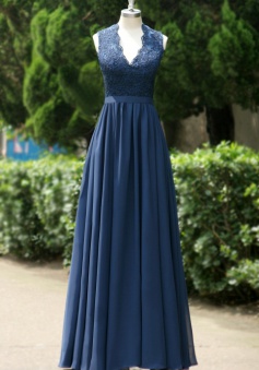 Simple Dress Royal Blue Chiffon Long Prom Dresses, V-neck Open-back Prom Dresses/Evening Dresses CHPD-7117