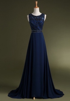 Elegant Scoop Beading Navy  Blue Long Chiffon Prom Dress