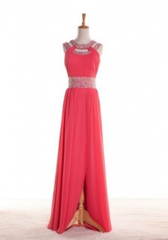 A-Line Jewel Floor-Length Watermelon Chiffon Prom Dress with Beading