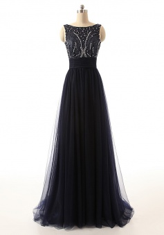 Elegant Beading Scoop Open-back Ribbon Black Long Tulle Prom Dress