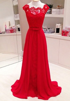 A-Line Scalloped-Edge Cap Sleeves Floor-Length Red Prom Dress with Lace Top