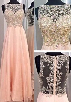 Simple Dress Luxurious A-line Beading Scoop Long Chiffon Prom Dresses, Evening Dresses  CHPD-7124