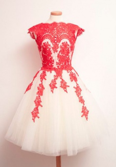 Stunning Short A-line Red Applique Light ChampagneTulle Prom/Homecoming Dress