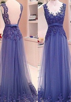 A-Line V-Neck Floor-Length Backless Blue Tulle Prom Dress with Appliques