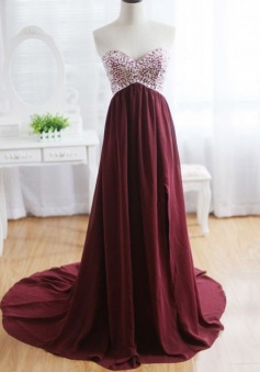 A-Line Sweetheart Sweep Train Wine Red Chiffon Prom Dress with Beading