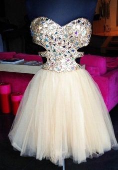 A-Line Sweetheart Backless Short Pearl Pink Tulle Prom Dress with Beading