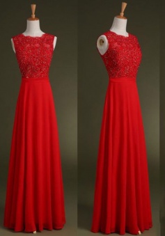 Simple Dress Elegant A-line Beading Long Red Chiffon Prom Dresses  CHPD-7141