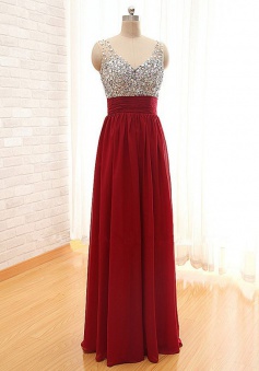 A-Line V-Neck Sleeveless Floor-Length Backless Red Chiffon Prom Dress with Beading