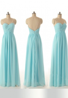 A-Line V-Neck Floor-Length Blue Chiffon Prom Dress with Beading Ruched