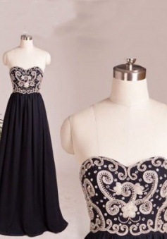 Handmade Sweetheart Long Navy Chiffon Prom / Evening Dress