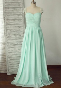 Simple Dress Elegant Pearl Capped Long Ruched Chiffon Prom Evening Dress