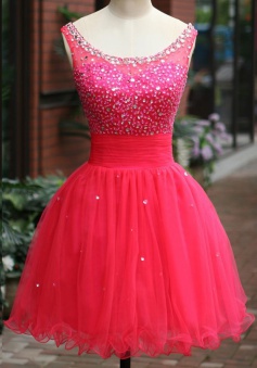 Simple Dress Short Scoop Beading Tulle Backless Tulle Prom Dresses/Homecoming Dresses  TUPD-7158