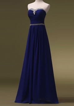 A-Line Sweetheart Floor-Length Royal Blue Chiffon Prom Dress with Beading