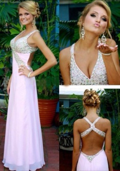 A-Line V-Neck Criss-Cross Pearl Pink Chiffon Prom Dress with Beading