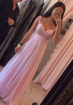 A-Line Spaghetti Straps Floor-Length Pink Chiffon Prom Dress with Appliques