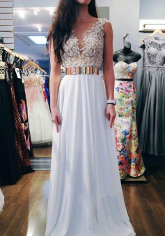 A-Line V-Neck Sweep Train Sleeveless White Chiffon Prom Dress with Beading Sash