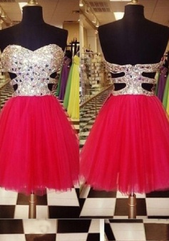 A-Line Sweetheart Short Red Tulle Prom/Homecoming Dress with Sequins