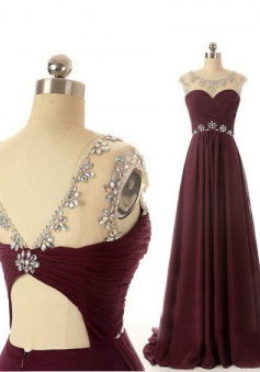 Scoop Sweep Train Open-back Chiffon Wine Red Long Prom Dress Evening Gowns With Beading