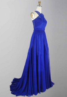 Special V-neck Sleeveless Sweep Train Royal Blue Prom Evening Dress Ruched