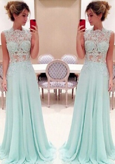 Stunning Lace High-neck Long Chiffon Light Sky Blue Prom Dress