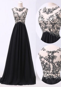 Handmade Beading Scoop Black Long Chiffon Prom/Evening Dress